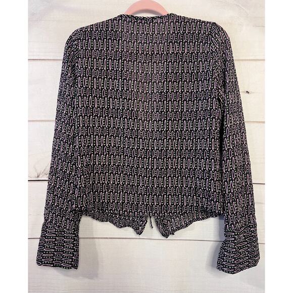 ZARA Size MED Top Tie Front Long Sleeves Black Pink Green Print CUTE! - Picture 2 of 4